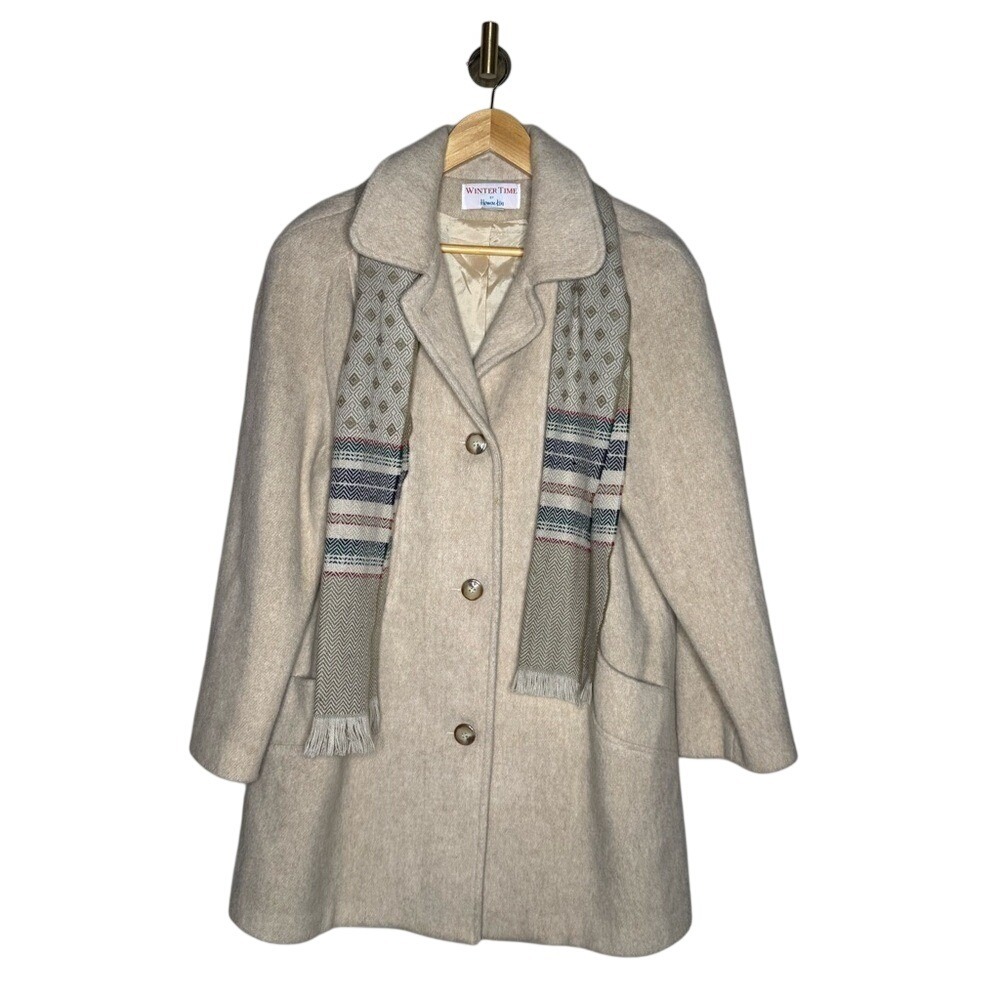 Vintage Herman Kay Wool Coat Size 10 Oatmeal Beige Attached Scarf Quiet Luxury